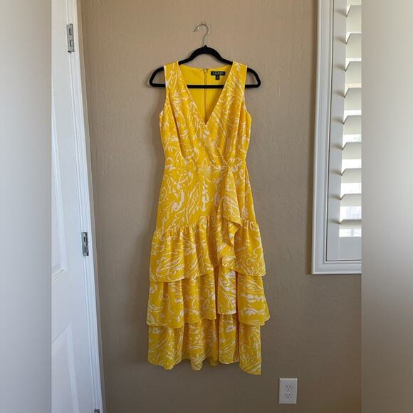 Ralph Lauren Lemon Yellow Tiered Wrap Midi Dress - Picture 2 of 6